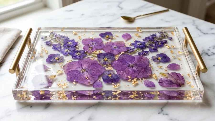 Beautiful epoxy resin tray with pressed flowers