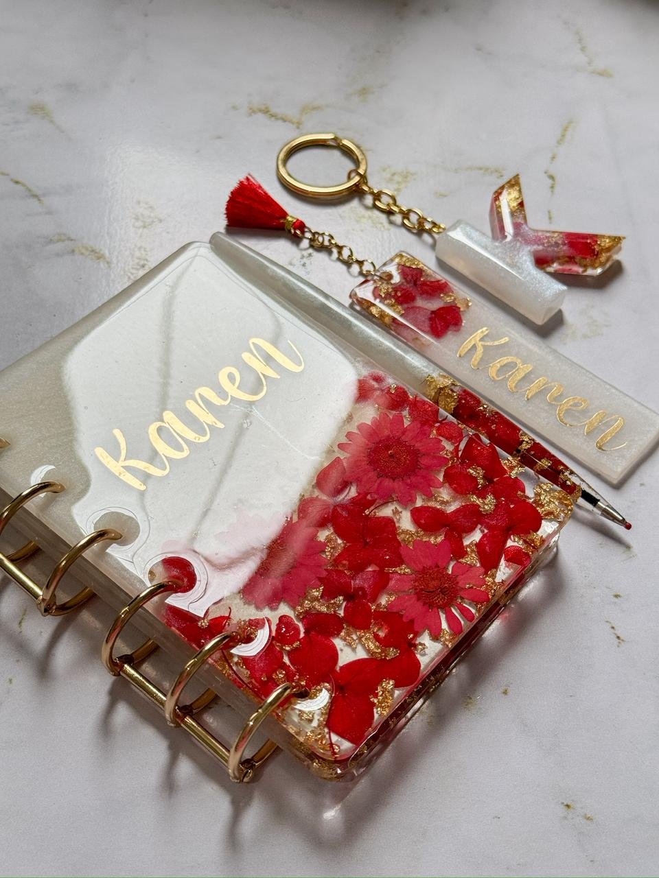 Personalized resin notebook with green flowers